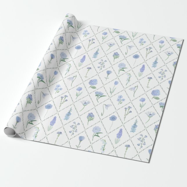 Papel De Presente Elegante Treliça Floral Azul e Verde (Desenrolado)