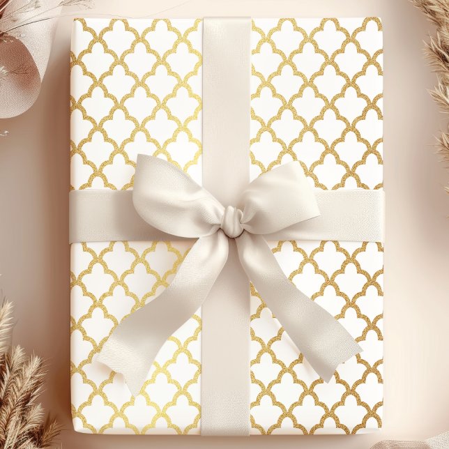 Papel De Presente Elegante Treliça Marroquina Moderna Dourada Branca (Criador carregado)