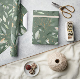 Papel De Presente Elegante Verde Dourado Folhas de Eucalyptus