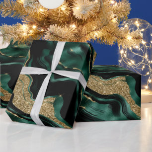 Papel De Presente Elegante Verde e Dourado Brilho Ágata Aniversário