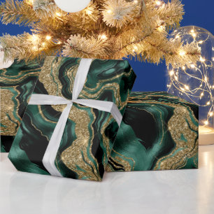 Papel De Presente Elegante Verde e Dourado Brilho Ágata Aniversário