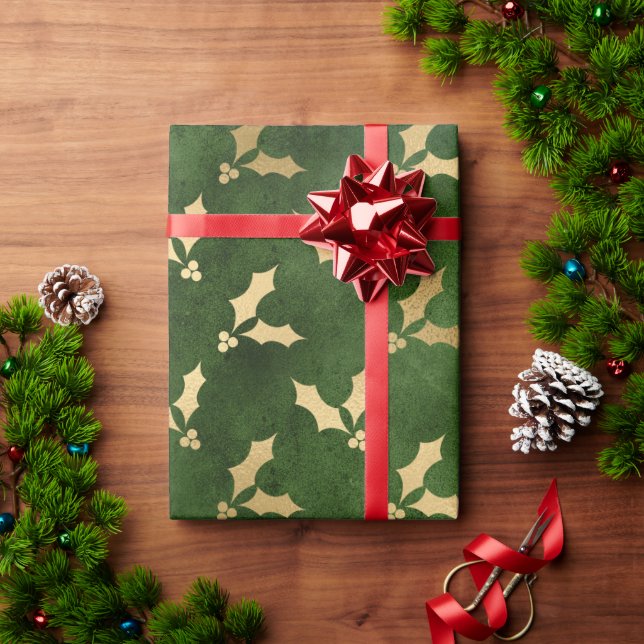 Papel De Presente Elegante verde e dourado padrão sagrado de Natal (Presente de Natal)