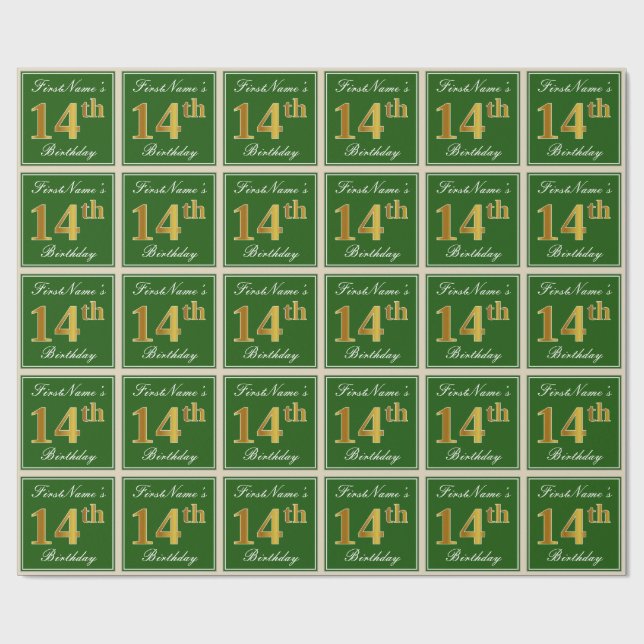 Papel De Presente Elegante, Verde, Falso Dourado Aniversário de 14 a (Aberto)
