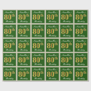 Papel De Presente Elegante, Verde, Faux Dourada 80 Aniversário + No