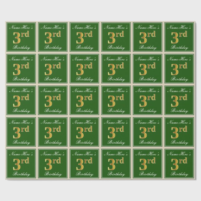 Papel De Presente Elegante, Verde, Faux Dourada aniversário de 3 ano (Aberto)