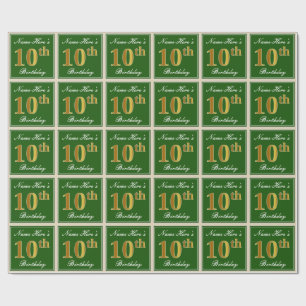 Papel De Presente Elegante, Verde, Faux Dourado 10º Aniversário +