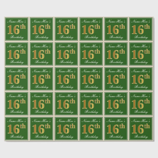 Papel De Presente Elegante, Verde, Faux Dourado 16º Aniversário + No (Aberto)