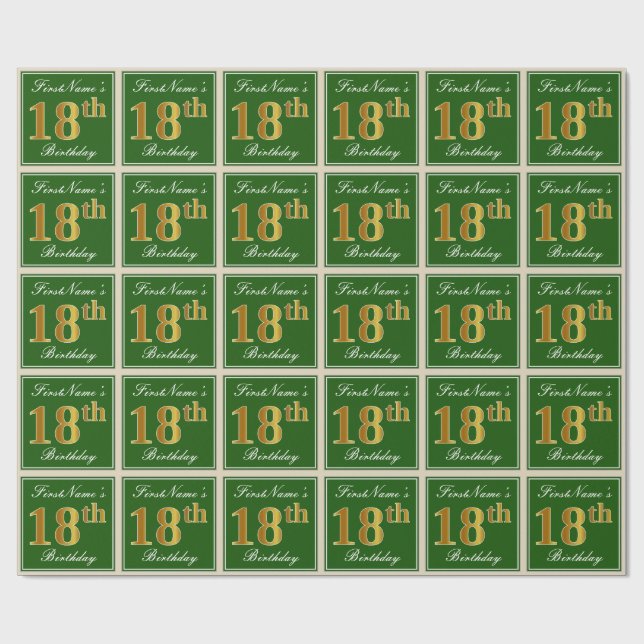 Papel De Presente Elegante, Verde, Faux Dourado 18º Aniversário + No (Aberto)