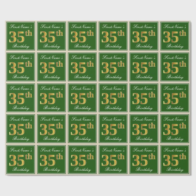 Papel De Presente Elegante, Verde, Faux Dourado 35º Aniversário + No (Aberto)