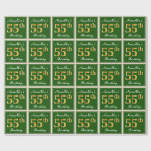 Papel De Presente Elegante, Verde, Faux Dourado 55º Aniversário + 