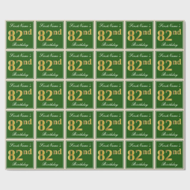 Papel De Presente Elegante, Verde, Faux Dourado 82º Aniversário + No (Aberto)