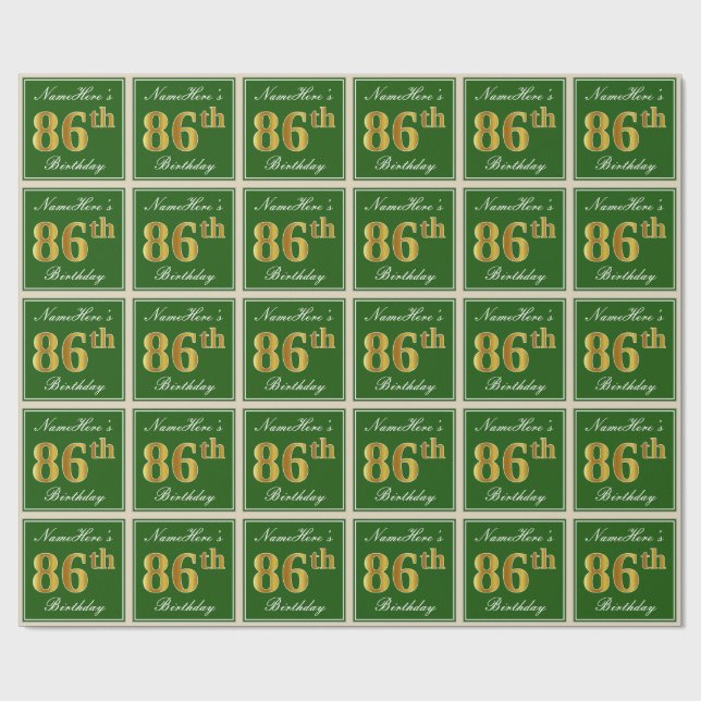 Papel De Presente Elegante, Verde, Faux Dourado 86º Aniversário + No (Aberto)