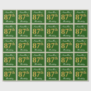 Papel De Presente Elegante, Verde, Faux Dourado 87º Aniversário +