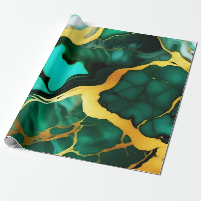 Papel De Presente Elegante verde ouro amarelo Faux Marble (Desenrolado)
