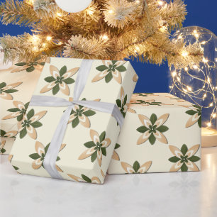 Papel De Presente Elegante Verde Salvia e Floral Geométrico Bege