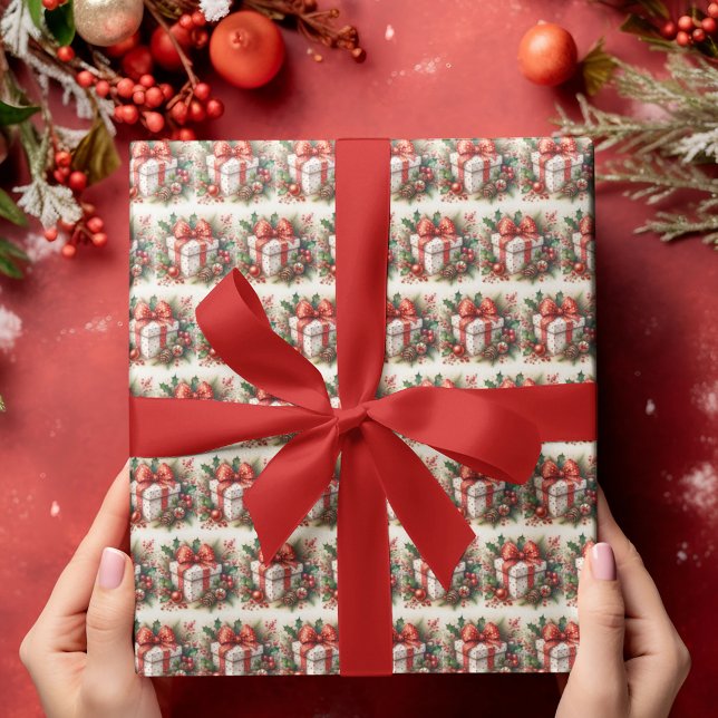 Papel De Presente Elegante Vermelho Branco Bolinhas Coquette Natal (Criador carregado)