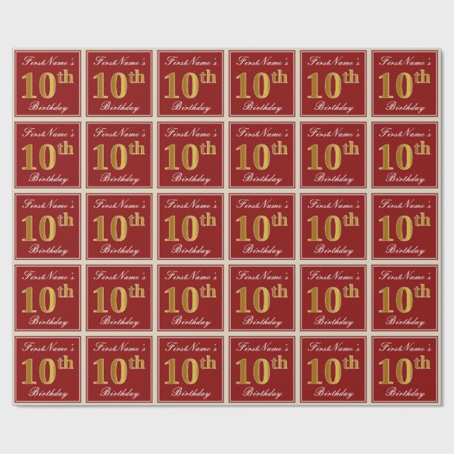 Papel De Presente Elegante, Vermelho, Faux Dourado 10º Aniversário;  (Aberto)