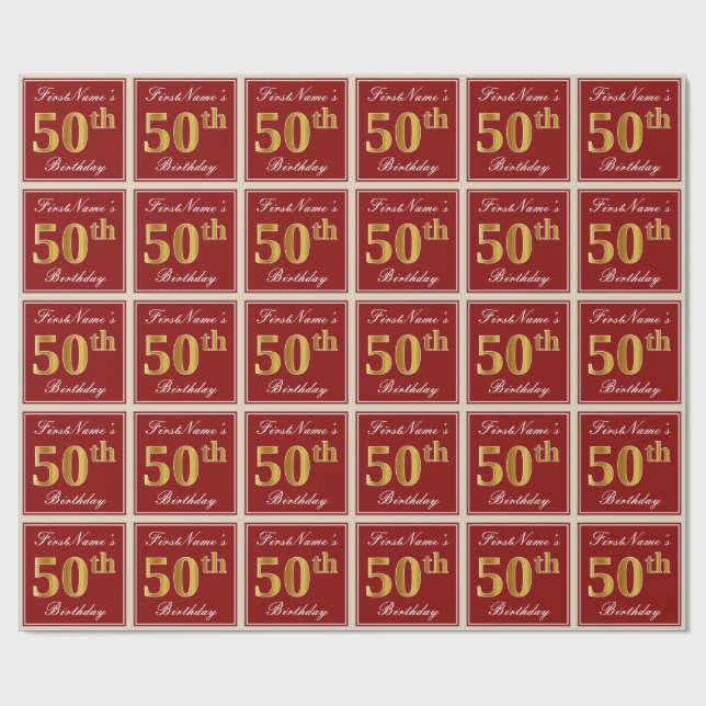 Papel De Presente Elegante, Vermelho, Faux Dourado 50º Aniversário;  (Aberto)
