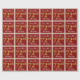 Papel De Presente Elegante, Vermelho, Faux Dourado 72º Aniversário; 