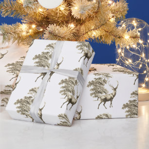 Papel De Presente Elegante Vintage Dourado Beige Deer na Floresta