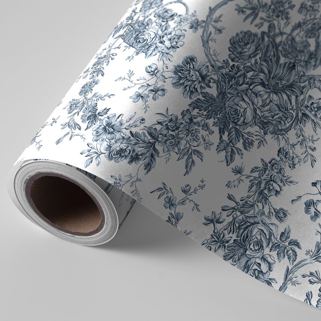 Papel De Presente Elegante Vintage Francês Gravado Floral Toile-Blue (Criador carregado)