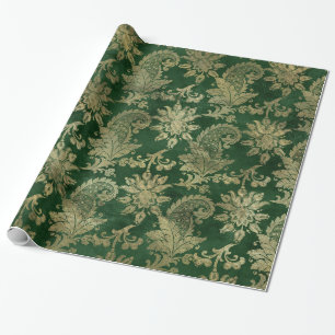 Papel De Presente Elegante Vintage Glam Green Dourado Paisley Patter