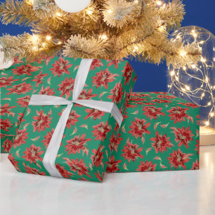Papel De Presente Elegante Vintage Red Christmas Cactus Flowers Gree