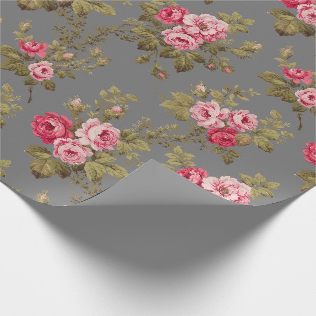 Papel De Presente Elegante Vintage Rosa Rosas Rosa-Cinza Fundo (Ponta)