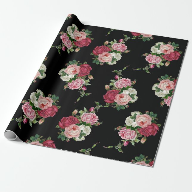 Papel De Presente Elegante Vintage Rose Bouquets-Black Background (Desenrolado)