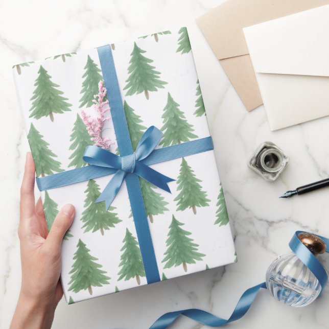 Papel De Presente Elegante Watercolor Evergreen Forest Christmas - (Presentear)