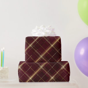 Papel De Presente Elegante Xadrez Burgundy Dourado Real Vinho