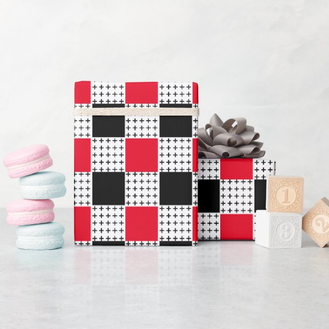 Papel De Presente Elegante xadrez moderno vermelho e preto (Chá de bebê)