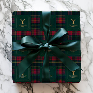 Papel De Presente Elegante Xadrez Tartan Feliz Natal Sobrenome da Fa
