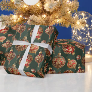 Papel De Presente Elegantes Bolas de Natal Vermelhas e Douradas Trad