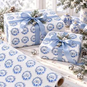 Papel De Presente Elegantes Coroas de Natal Azuis Vintage Inverno