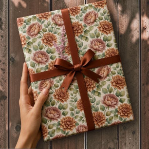 Papel De Presente Elegantes Dálias de Terracota & Floral de Eucalipt