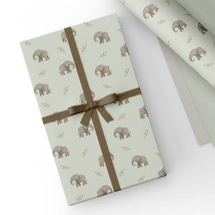 Papel De Presente Elegantes Elefantes em Aquarela Verde em Padrão Sa