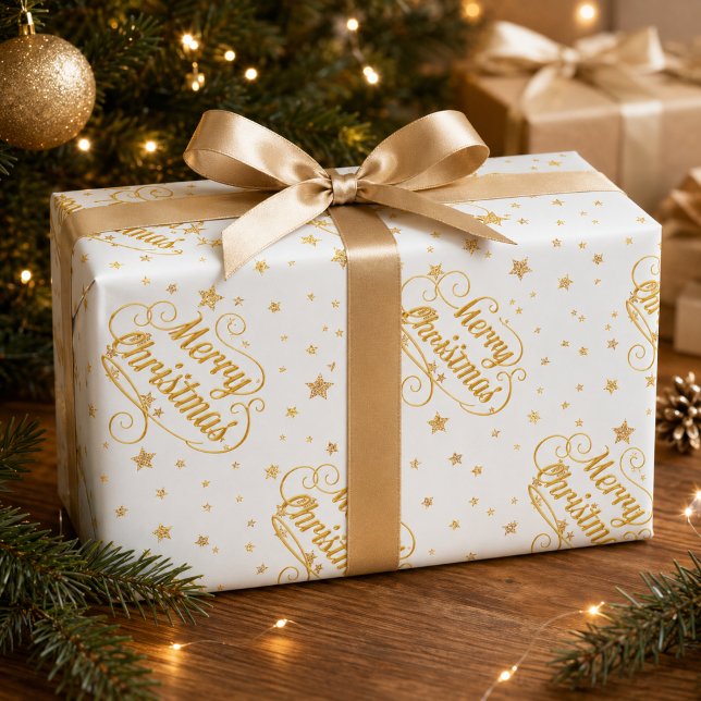 Papel De Presente Elegantes Estrelas de Natal em Dourado (Criador carregado)