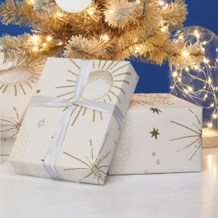 Papel De Presente Elegantes Estrelas Sol Ouro Marfim Celestial
