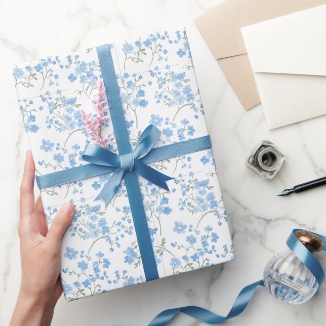 Papel De Presente Elegantes Flores Azuis com Desenho Listrado (Criador carregado)