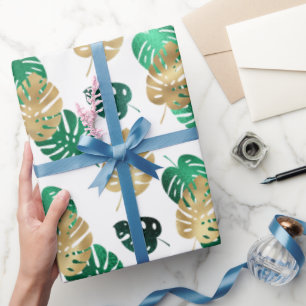Papel De Presente Elegantes Folhas Tropicais de Monstera Douradas e 