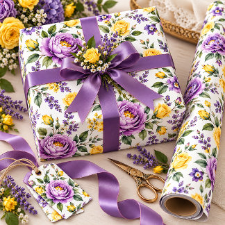 Papel De Presente Elegantes Peônias Roxas Luxuriantes, Rosas Amarela
