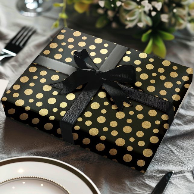 Papel De Presente Elegantes Pontos Modernos de Ouro Falso em Preto (Criador carregado)