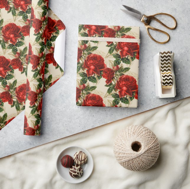 Papel De Presente Elegantes Rosas Vermelhas Vintage Bege  (Artesanato)