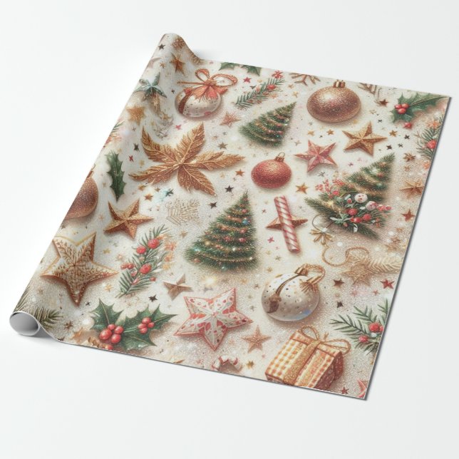 Papel De Presente Elementos Dourados elegantes de Natal (Desenrolado)