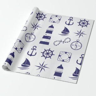 Papel De Presente Elementos Marinhos Náuticos Azul Marinho Ícones Co