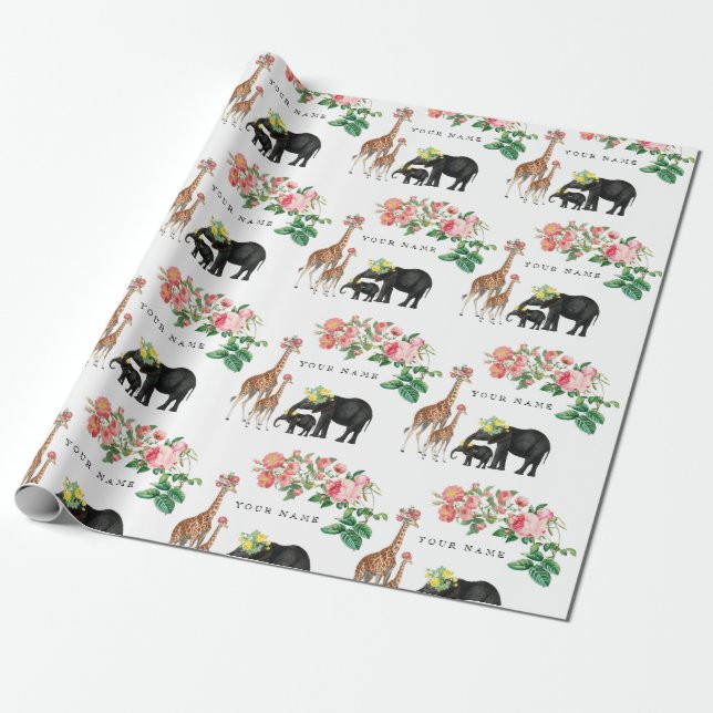 Papel De Presente Elephant & Giraffe Floral Nome Personalizado (Desenrolado)