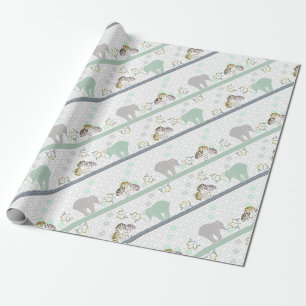 Papel De Presente Elephant Safari Verde Chá de Bebê