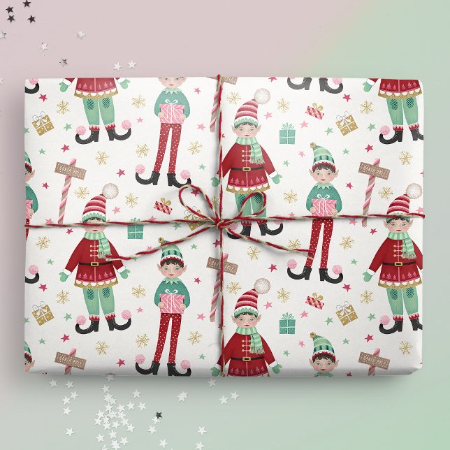 Papel De Presente Elf de Natal Ilustrado e Bonito (Christmas Elf wrapping paper mockup)