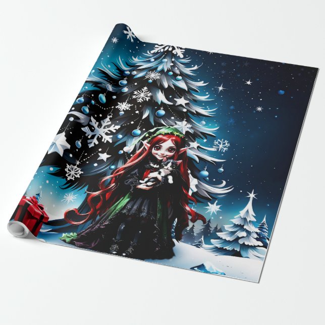 Papel De Presente Elfo de Natal com Kitten. (Desenrolado)